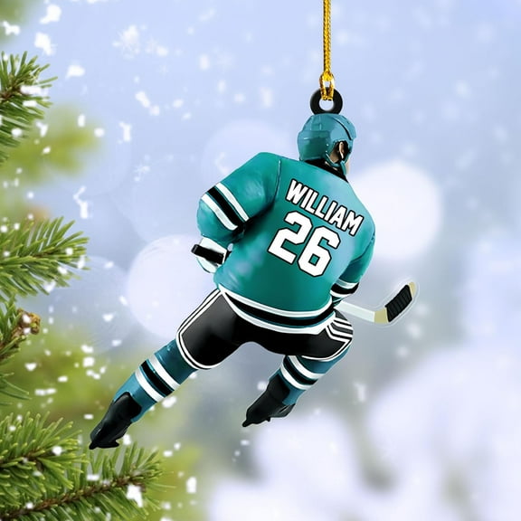 HomeDesign Personalized Hockey Christmas Ornament, Hockey Skates Helmet and Stick, Hockey Player Ornament, Hockey Ornaments, Gift for Hockey Lovers Hockey Ornament Christmas Decor (H2) (Cyan)
