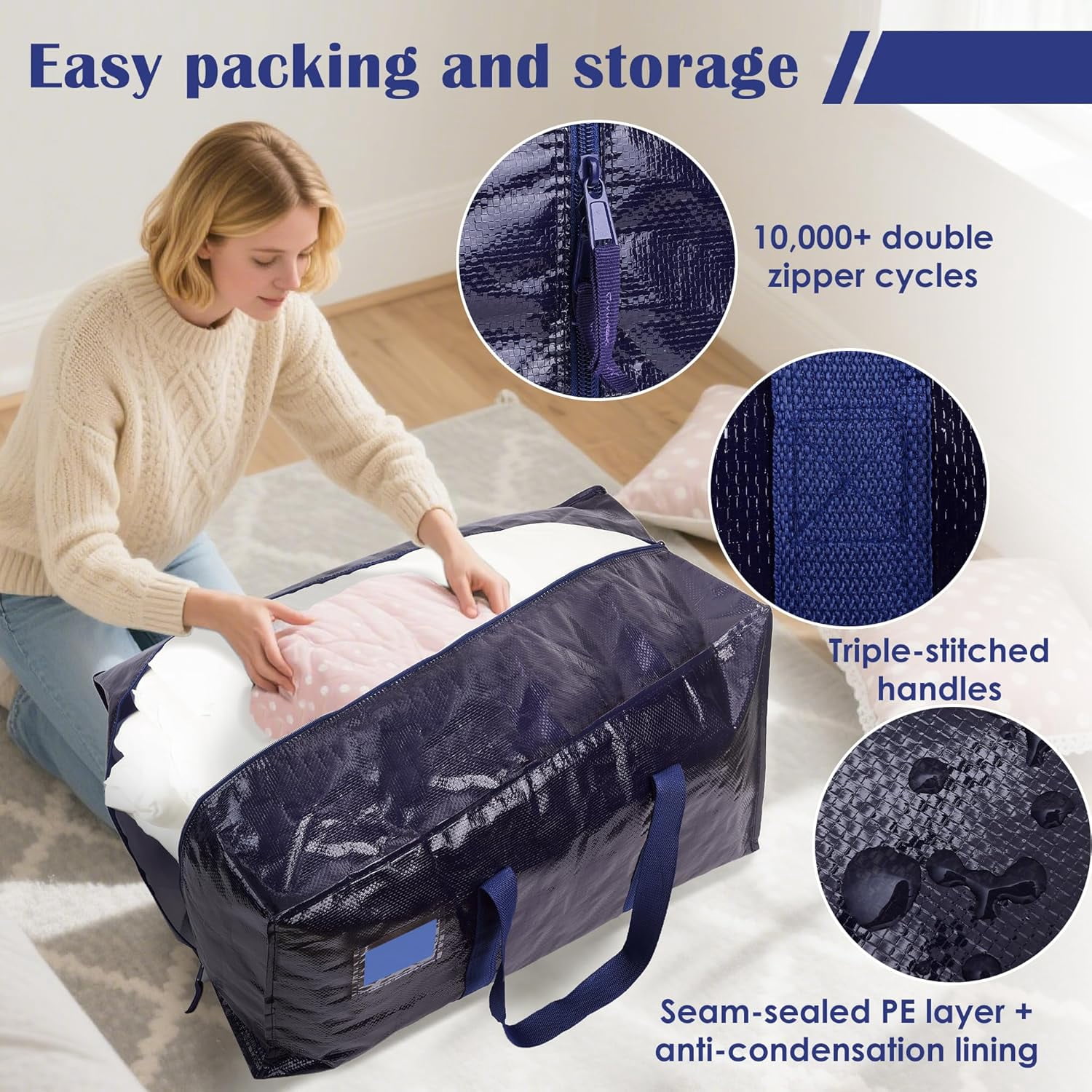 Extra Large Heavy Duty Moving Bags, 12 Pack with Reinforced Zipper & Wide Handles, Moisture-Resistant Storage Bins Packing Cubes for Clothes, College Dorm, Travel, and Home Organization, Dark Blue