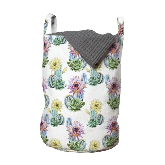 Cactus Laundry Bag, Watercolor Foliage Pattern Botanical Elements Floral Spring Season Blossoming Nature, Basket with Handles Drawstring Closure for Laundromats, 13" x 19", Multicolor, by Ambesonne