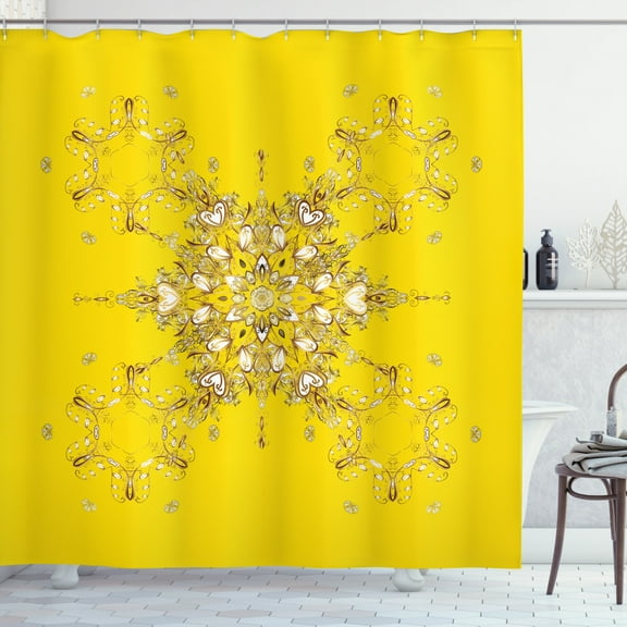 Yellow Damask Shower Curtain, Oriental Arabesque Floral Elements Vibrant Color Spring Theme, Fabric Bathroom Set with Hooks, 69W X 75L Inches Long, Yellow Brown and White, by Ambesonne