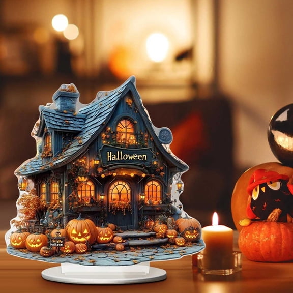 Halloween Pumpkin Ghost House Decoration, 2D Acrylic Spooky Tabletop Figurine with Spooky House Design, Seasonal Ornament for Bedroom, Desk, Shelf, Mantel, Party Display & Fall Home Decor
