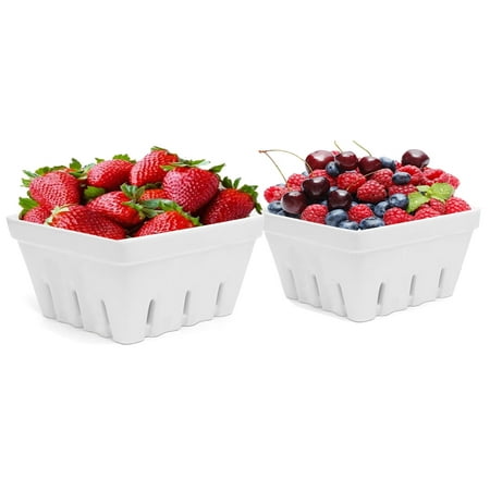 qlans ceramic berry basket,2-piece setsquare fruit bowl with holes, 5.7" colander for kitchen, cute small container for berries, strawberry, grape, cherry, rustic stoneware décor (white)