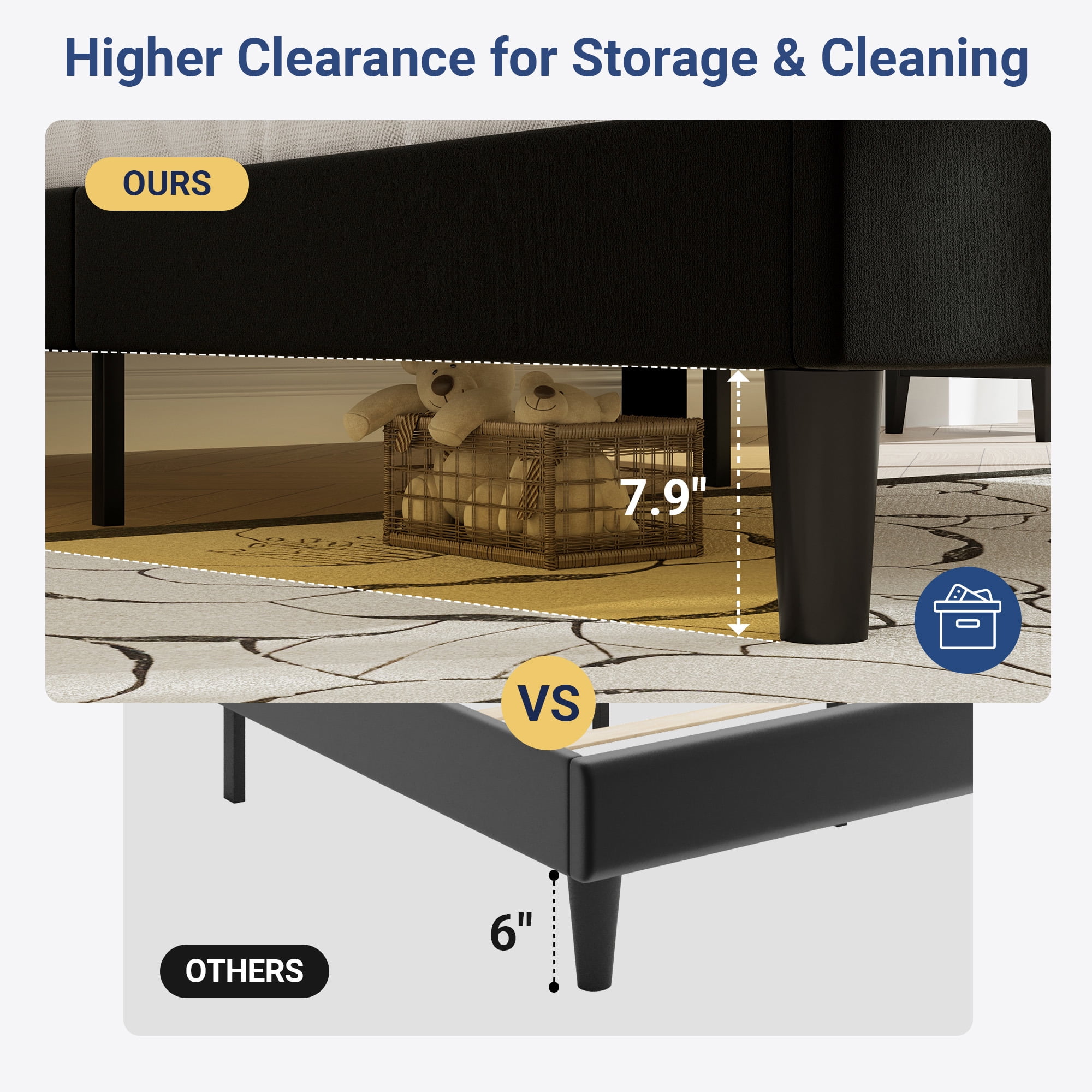 Allewie King Size Adjustable Headboard Bed Frame with 7.9'' Underbed Storage, No Box Spring Needed, Black