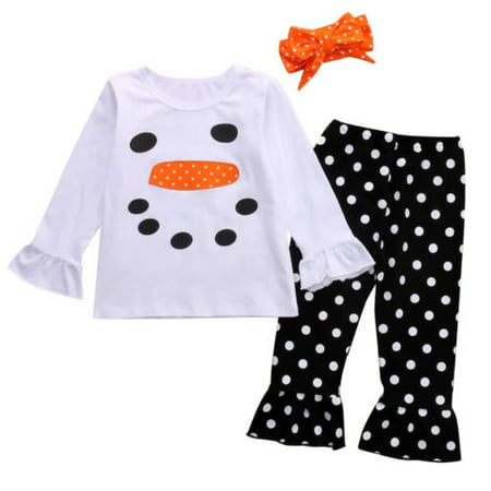 Cute Kids Girls Christmas Snowman Tops Dot Long Pants Outfits Set Clothes
