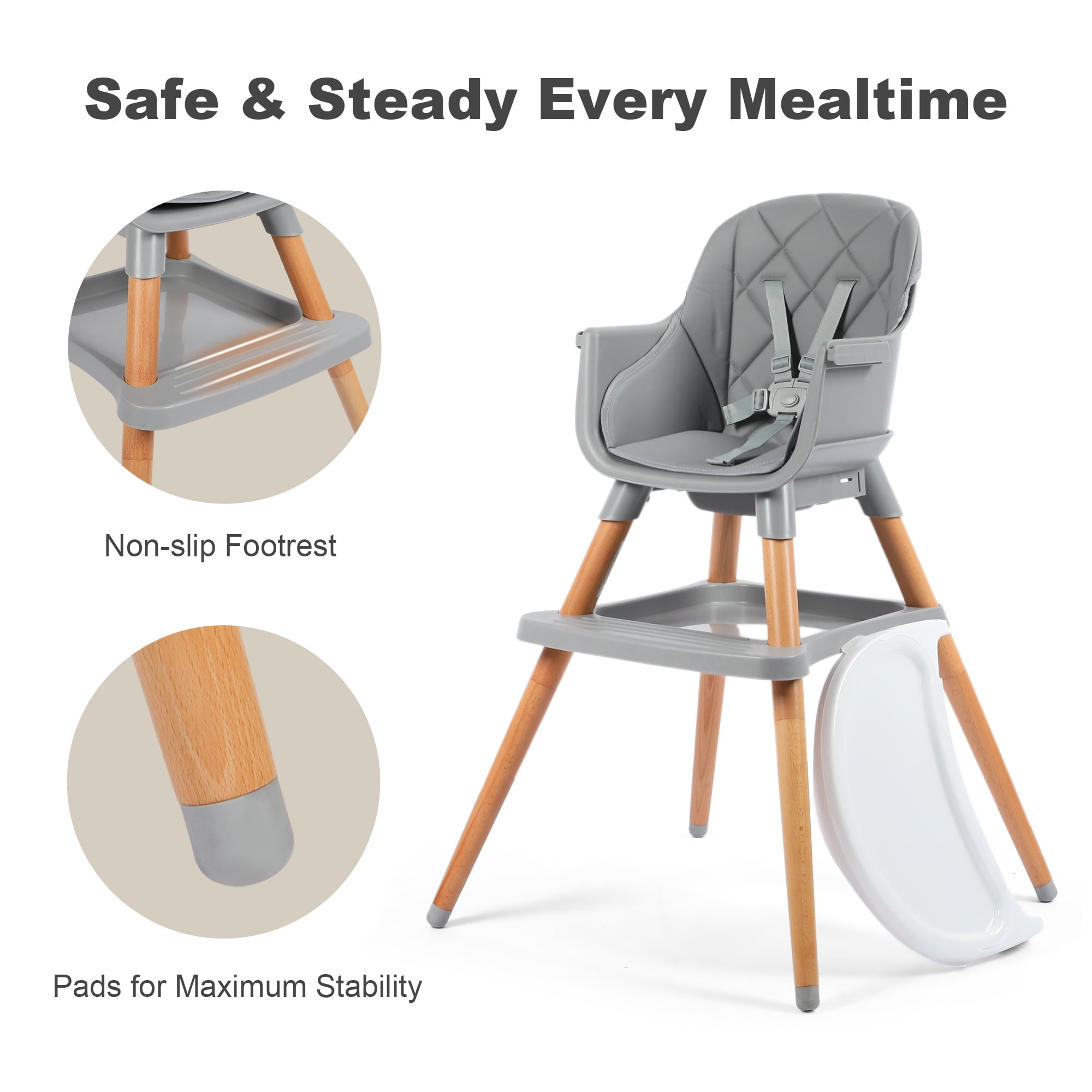 AILEEKISS 7 in 1 Wooden Baby High Chair for Toddler, Infant Feeding Chair with Removable Tray