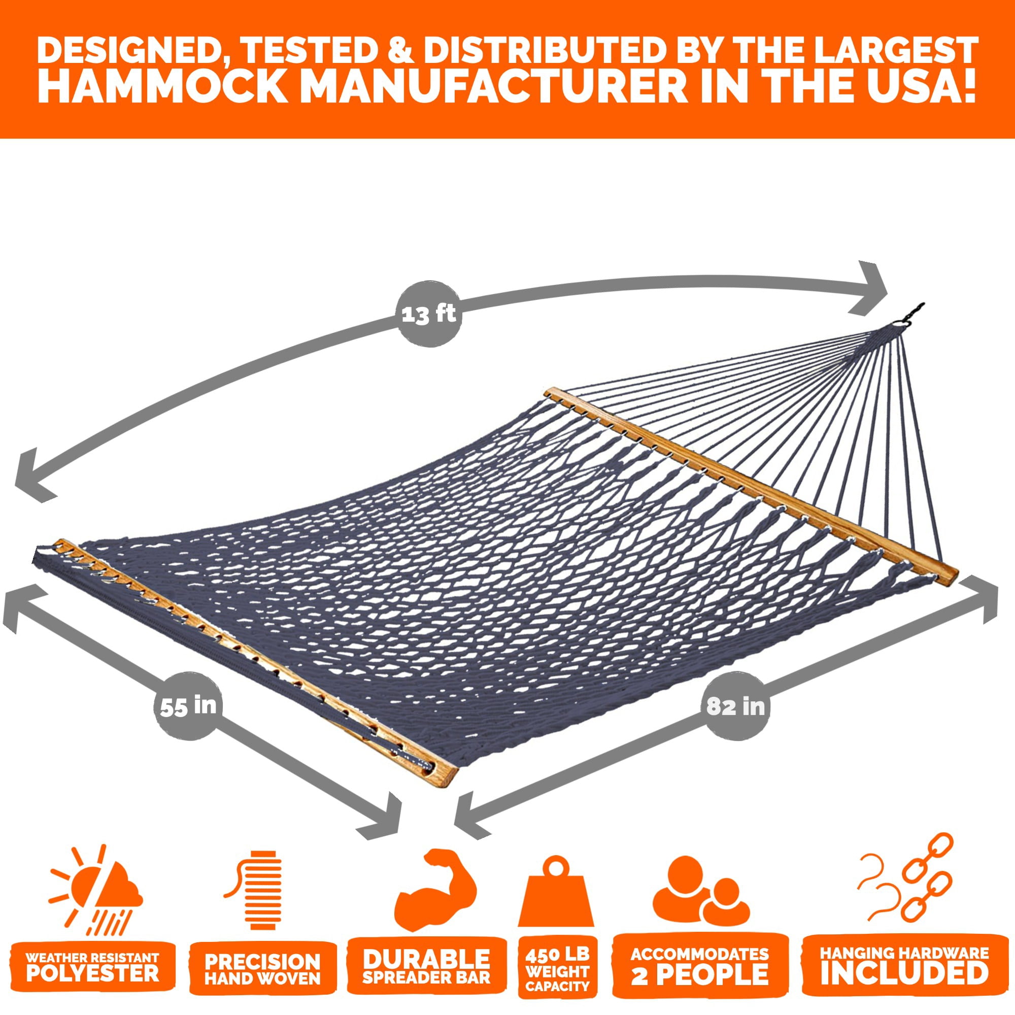 Castaway Living 13 ft. Double Navy Polyester Rope Hammock with Free Extension Chains ,Tree Hooks