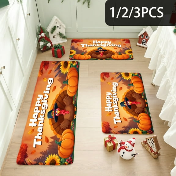 3PCS Kitchen Mat set,Welcome Door Flannel Rug,Home Decor for Front Door,Kitchen, Bathroom,Happy Thanksgiving Pumpkin Turkey Sunflower ,Gifts for family and friends.
