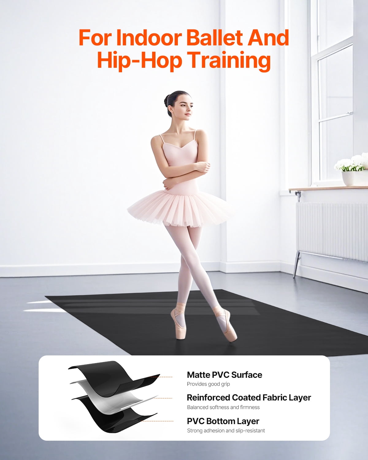 VEVOR Dance Floor, 6.6' x 3' Portable Yoga Mat with Organizer Bag, 1.5 mm Thick Workout Mats, Non-slip Floor Mats for Practicing at Home, Studios, Stage