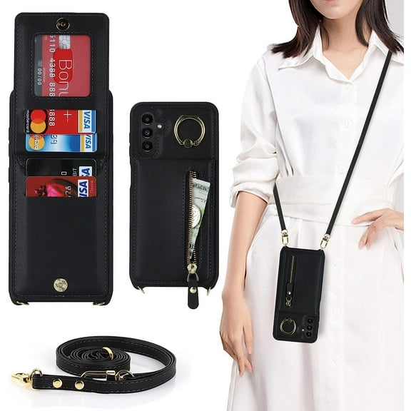 Samsung Galaxy A13 5G Phone Case for Women with Card Holder,Samsung A13 Case Wallet Crossbody Lanyard with Strap,Credit Card Slots Kickstand Case with Ring Holder,Black