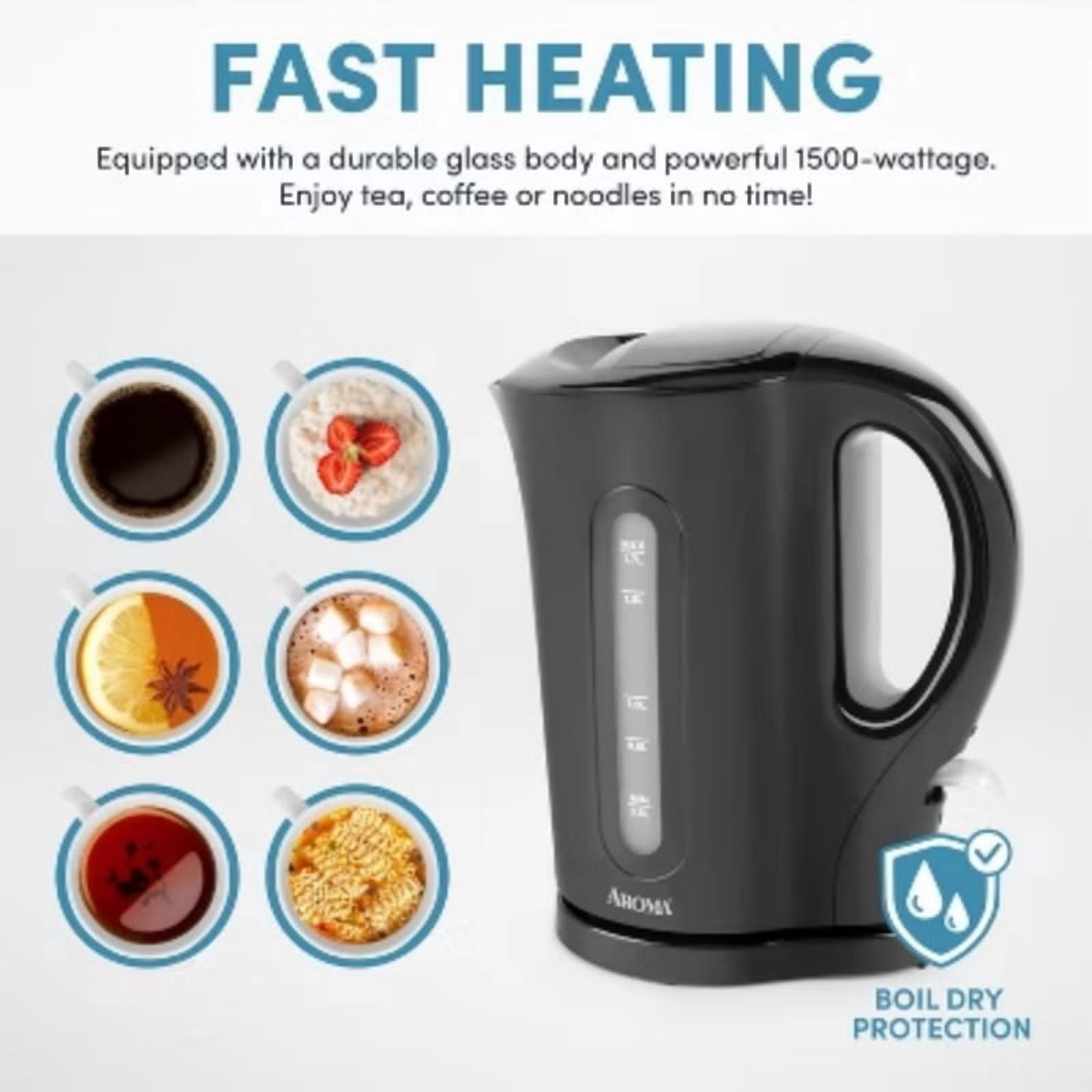 1.7L Electric Kettle - Black: Dripless Spout, 1500W, Water Level Viewer
