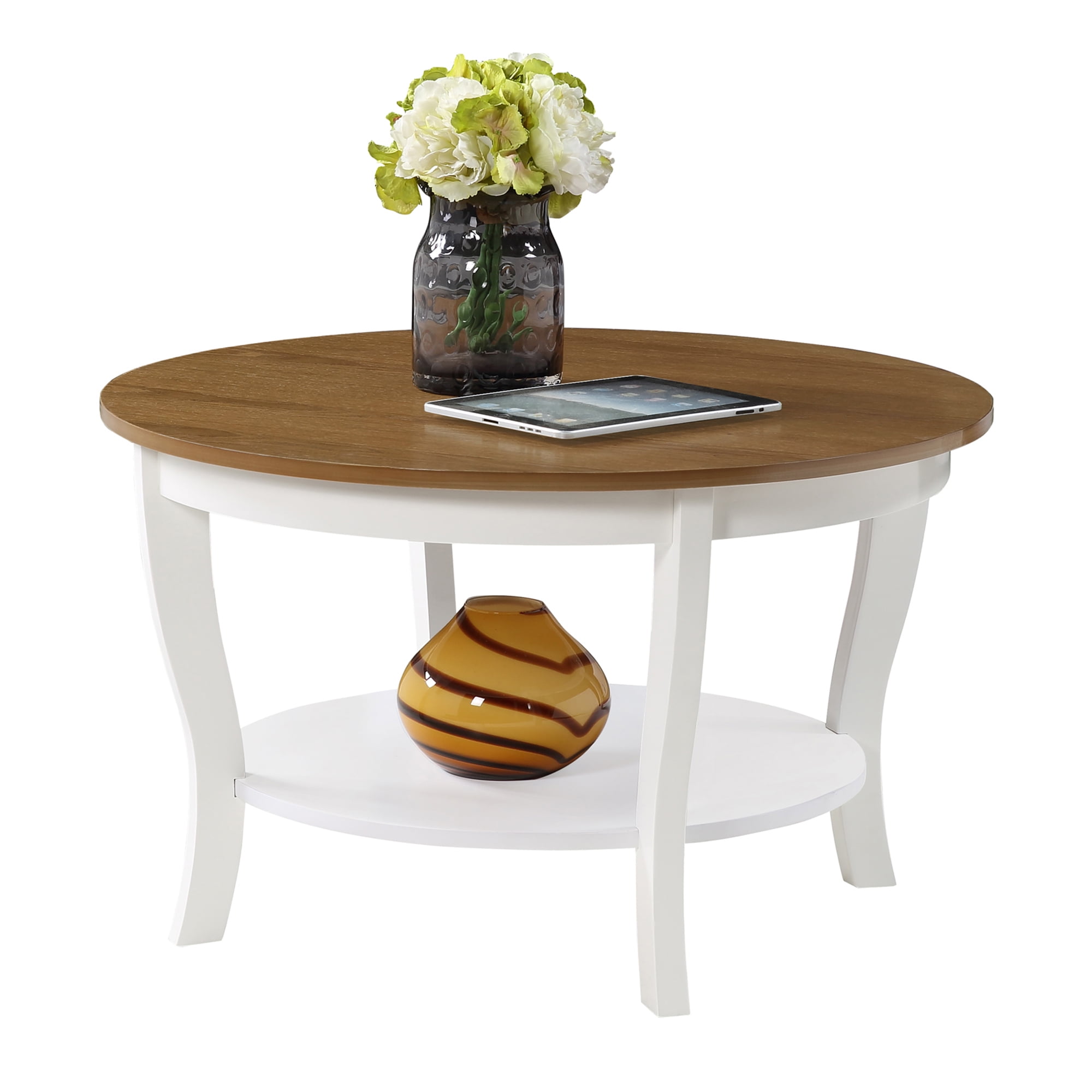 Convenience Concepts American Heritage Round Coffee Table with Shelf, Driftwood/White Wood Finish
