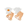 thumbnail image 2 of BemeyourBBs Toddler Baby Girls Halloween Thanksgiving Outfits Infant Baby Girl Summer Fall Clothes Cute Pumpkin Embroidery Bell Short Sleeve T Shirt Tops and Flared Pants Set, 2 of 9