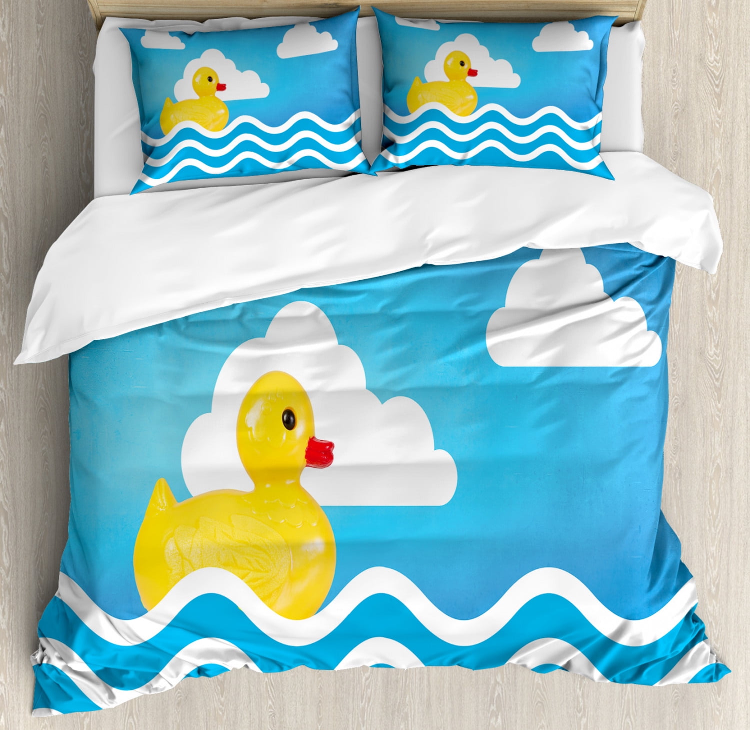 Rubber Duck King Size Duvet Cover Set, Yellow Cute Childrens Toy Figure on Wavy Water Inspired