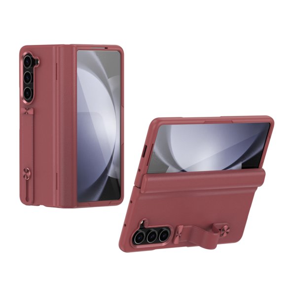 ELEHOLD for Samsung Galaxy Z Fold 4 Leather Case with Hinge,Full Body Protection with Tempered Glass Screen Protector Finger Ring Retractable Strap Kickstand Shockproof Galaxy Z Fold 4 Cover, Red