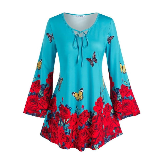 Camiseta con Estampado de Mariposa en Talla Extra con Mangas de Campanilla Rosegal Mangas largas de talla grande