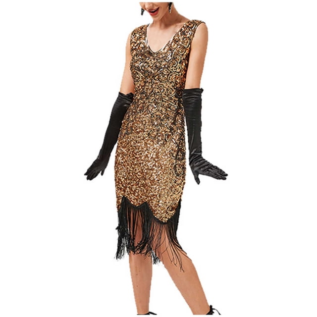 Pisexur Robe Mi-Mollet Sans Manches à Col en V pour Femmes, Robe à Col en V Sans Manches à Paillettes avec Franges et Pompons, Robe de Fête, Banquet, Danse, Robe Courte, Robe pour Femmes