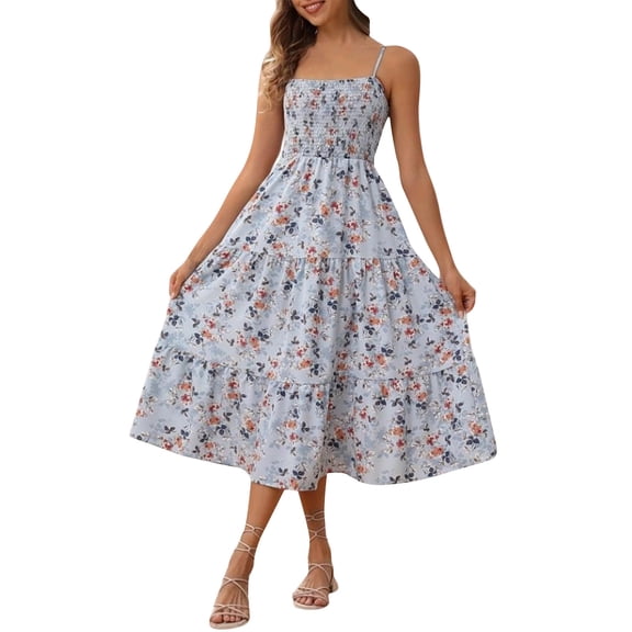 Summer Dresses for Women 2026 Women's Ditsy Floral Midi Dress Adjustable Spaghetti Strap Smocked Tiered A Line Casual Summer Vacation Dress