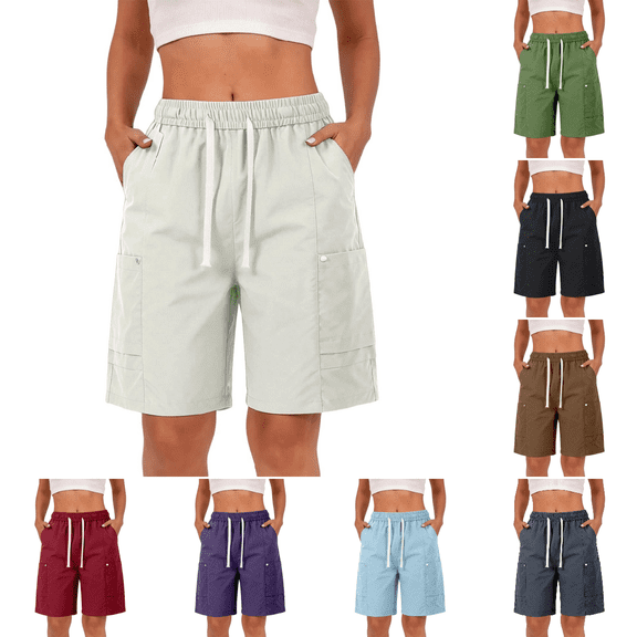 Domuza Bermuda Shorts for Women Casual Lightweight Quick Dry Cargo Shorts Knee Length Drawstring High Waisted Outdoor Hiking Short with Pockets Khaki XL