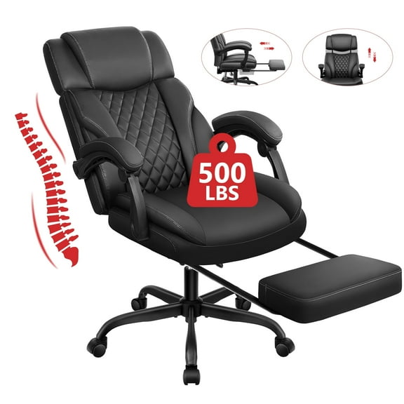 FelixKing Big & Tall Office Chair, High-Back Leather Desk Chair with Footrest, Ergonomic with Adjustable Headrest, Lumbar Support and Fixed Soft Armrests Computer Chair, BLACK