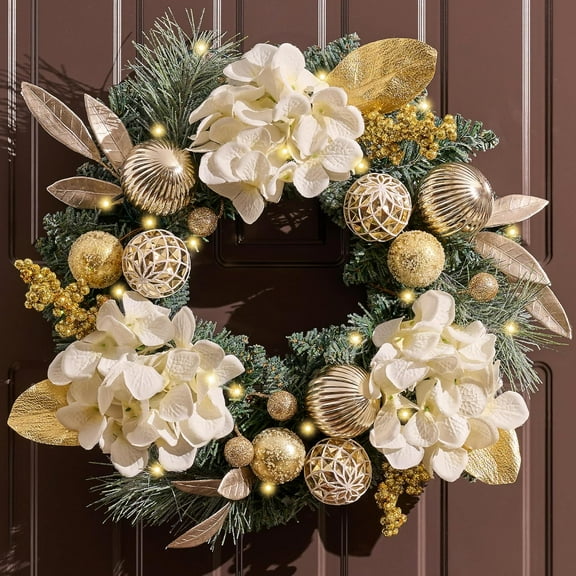 20'' Pre-Lit Christmas Wreath for Front Door with Lights, Lighted Christmas Door Wreath Decorations with Magnolia White Gold Xmas Ball for Home Porch Fireplace Window Holiday Decor
