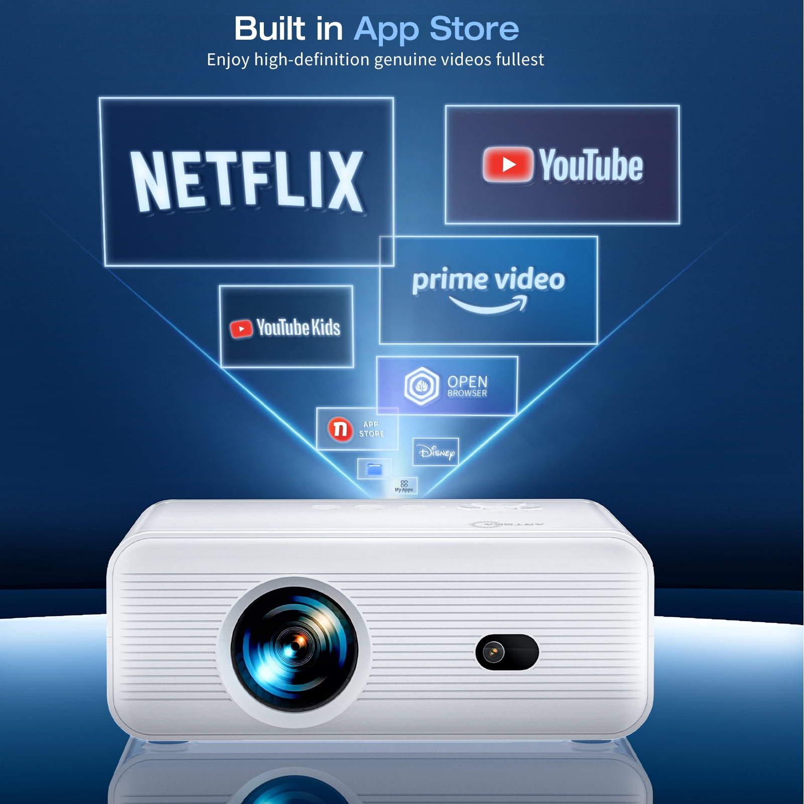 [Built-in APPs] ARTSEA Smart Projector with WiFi and Bluetooth,Tripod Including,2025 Upgrade Android TV OS,4K Support Native 1080P,Keystone Correction,Compatible with Smartphone/Laptop/TV Stick,White