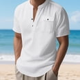 thumbnail image 3 of Men Henley Shirt Solid Color Cotton Linen Short Sleeve T-Shirts Band Collar Beach Vacation Pullover, 3 of 7