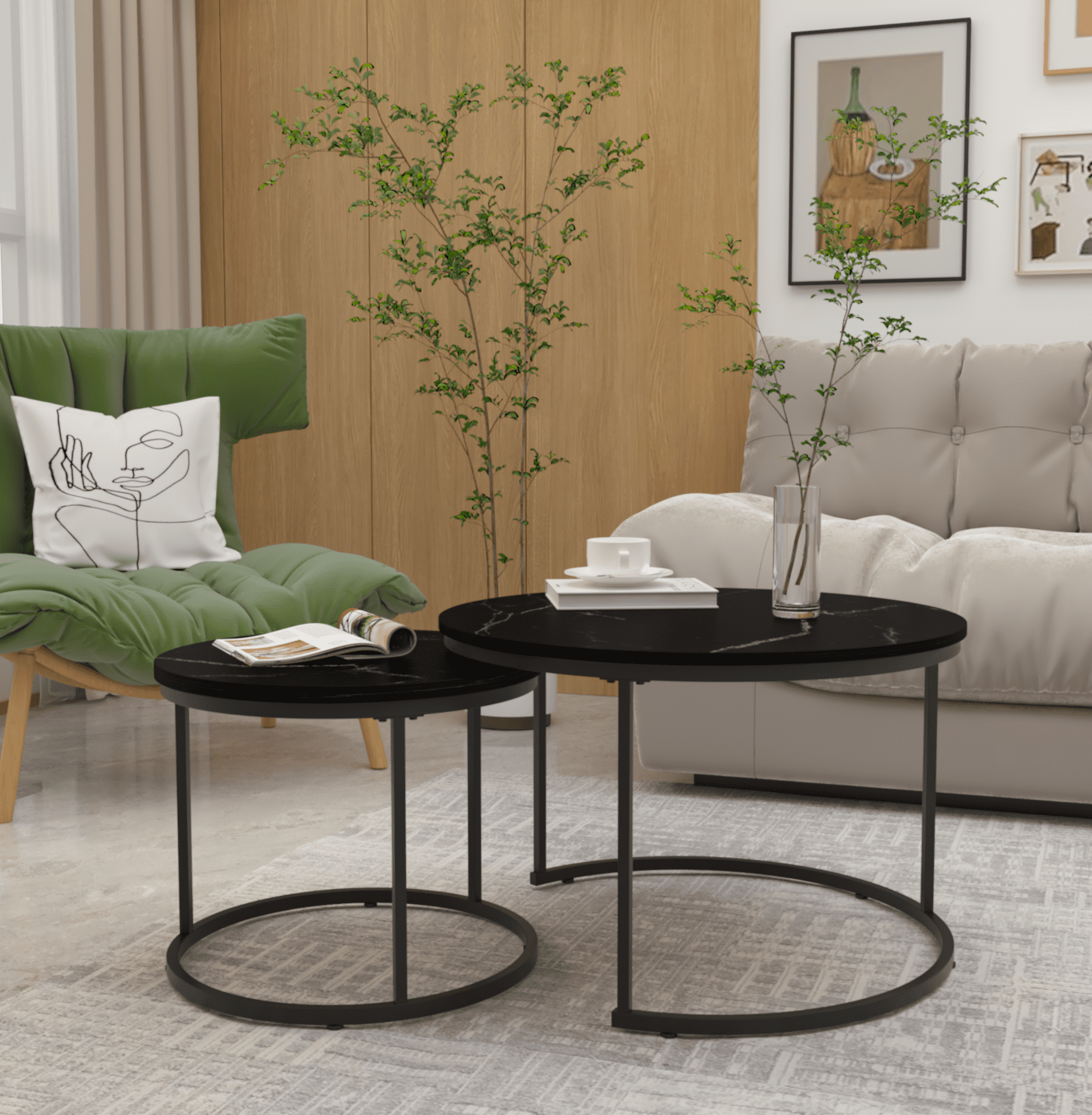 Yoneston 27.6" Round Coffee Table Set of 2, Wood Marble Pattern Top with Sturdy Metal Frame for Living Room Bedroom Balcony Yard, Black