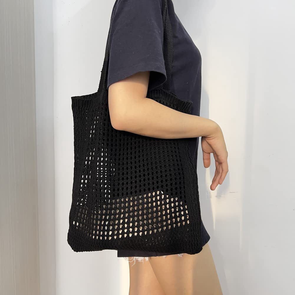 CoCopeaunt Crochet Bags for Women Knitted Tote Bag Faircore Hobo Bag Aesthetic Fairy Grunge Tote Bag Hollow Shoulder Handbags