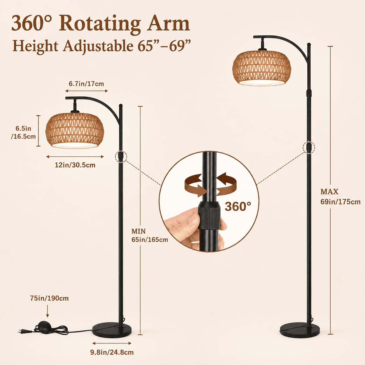 SERBASIC Boho Arc Floor Lamp for Living Room with Remote Control, Stepless Dimmable Rattan floor lamp with Liene Lampshade, Adjustable Standing Tall Lamp for Bedroom