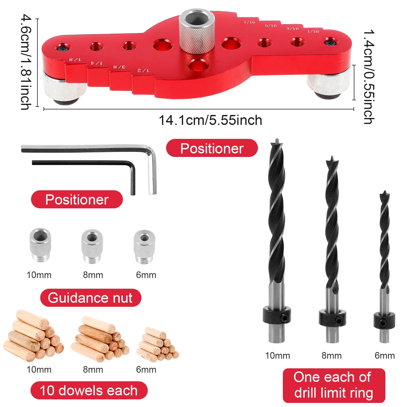 Self Centering Scriber Dowel Jig Kit Aluminum Alloy Vertical Hole Drilling Jig Precise Wood Dowel Drill Guide 2 in 1 Punching Hole Locator with Wood Dowel Pin for Woodworking Drilling