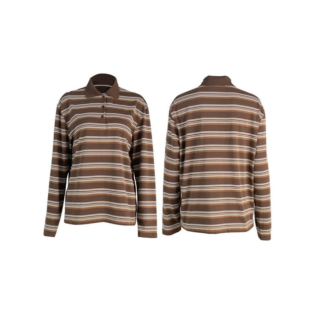 Oversized Striped Long Sleeve Rugby Shirts Women- V Neck Y2k Preppy Pullover Top Dark Brown M
