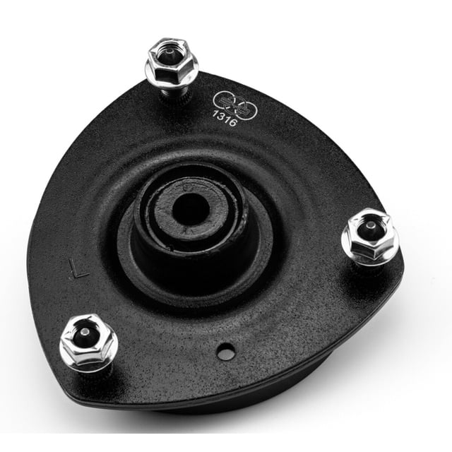 base amortiguador civic 2002 al 2005 honda delantera izquierda/piloto syd nueva — vista frontal centrada de la base de montaje para eje delantero izquierdo; placa metálica negra texturizada con tres tuercas hexagonales visibles y orificio central, número de parte 306044580174642, pieza individual SYD, adecuada para mantenimiento o restauración de suspensión ligera.