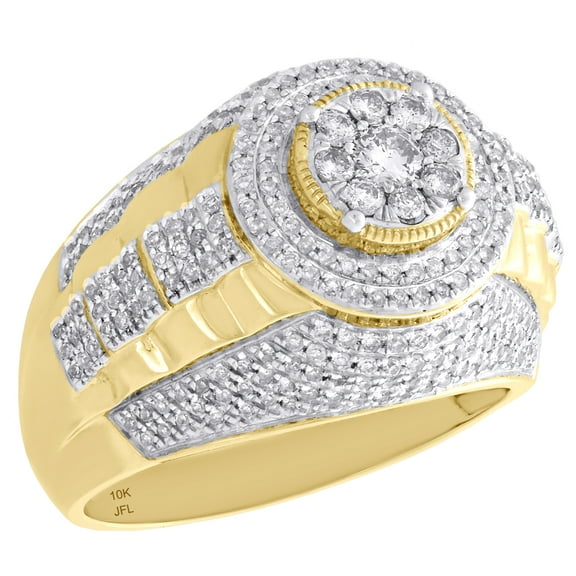 10K Yellow Gold Diamond Step Shank Tier 16mm Round Frame Pave Pinky Ring 1 CT.