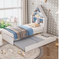 thumbnail image 3 of Bellemave Solid Wood Twin Size House-Shaped Bed with Bookcase Headboard and Led Lights, Twin Size Trundle,No Box Spring Needed,Blue+White, 3 of 8