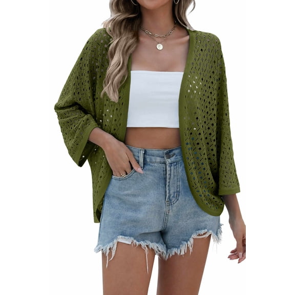 Zeagoo Womens Summer Crochet Cardigan Sweaters Lightweight Open Front 3/4 Sleeve Batwing Kimono Boho Knit Cover Ups