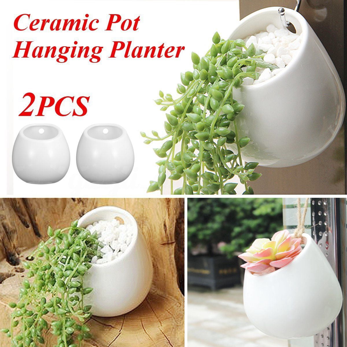Raindrops 2-Pack Ceramic Wall Mounted Plant Pots Hanging for Indoor Outdoor Garden Decor