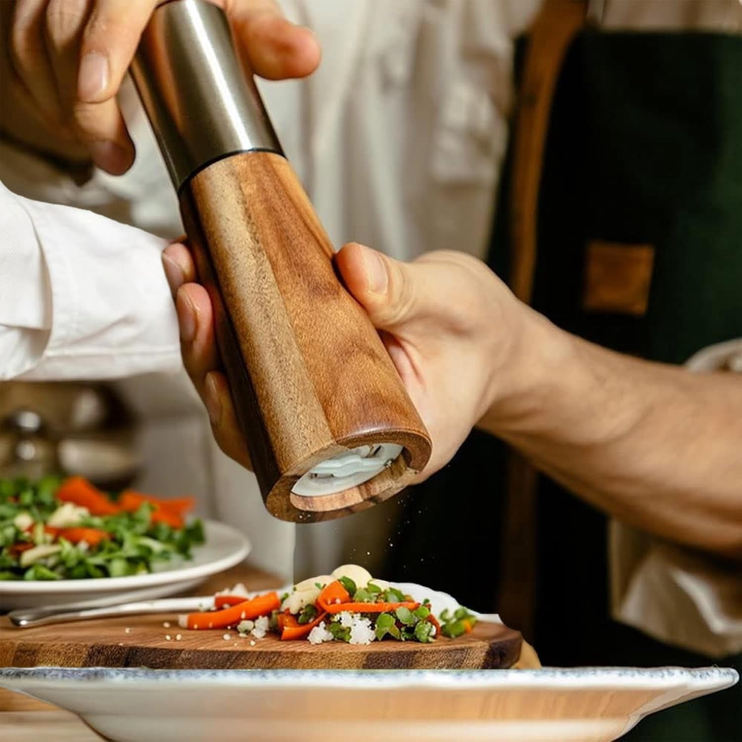 Wooden Salt and Pepper Grinder Set: Acacia Wood Salt Grinder Refillable, Manual Salt and Pepper Mill with Ceramic Core - Customized Coarseness, Salt and Pepper Shaker Set for Kitchen (Gold)