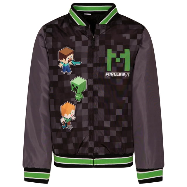 Campera Bomber Varsity Minecraft para Niños Negra y Gris Talle 7-8