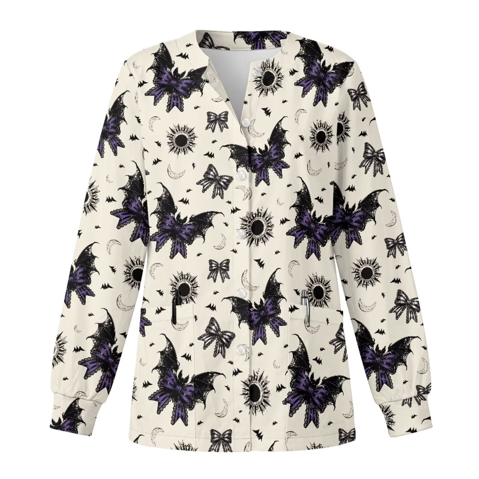 Binienty Halloween Bat Women's Long Sleeve Medical Scrub Jacket with Pockets Stretchy Breathable Fabric, Relaxed Fit for All Body Types, Suitable for Hospital Nurses, Halloween Nurse Costume