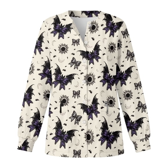 Binienty Halloween Bat Women's Long Sleeve Medical Scrub Jacket with Pockets Stretchy Breathable Fabric, Relaxed Fit for All Body Types, Suitable for Hospital Nurses, Halloween Nurse Costume