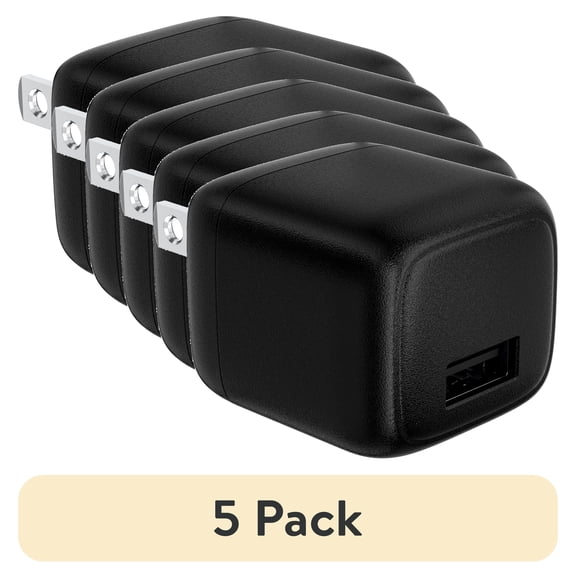 (5 pack) ONN 12W Single USB-A Port Wall Charger With Foldable Plug, Black