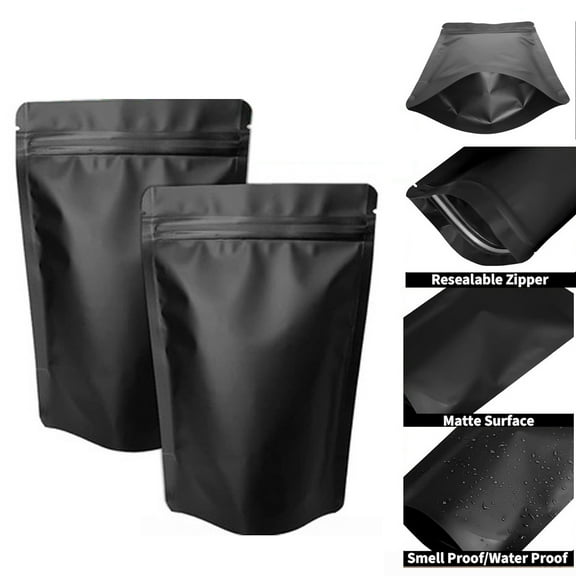 SJPACK 100PCS 3.5inch*5.1inch Matte Black Food Safe Aluminium Mylar Foil Favor Treat Bags Resealable Snack Stand Up Pouches Food Storage