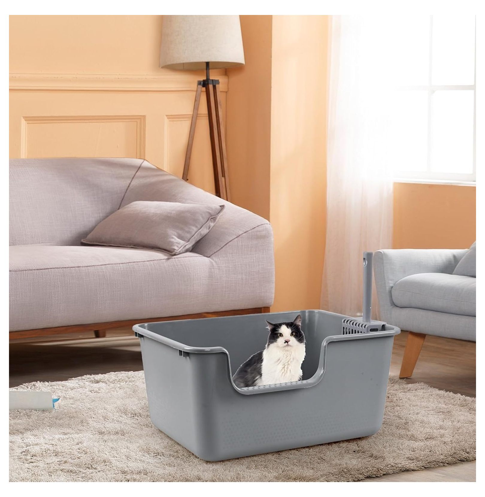 4-Pack Cat Litter Box with High Sides, Grey Open Top Litter Box