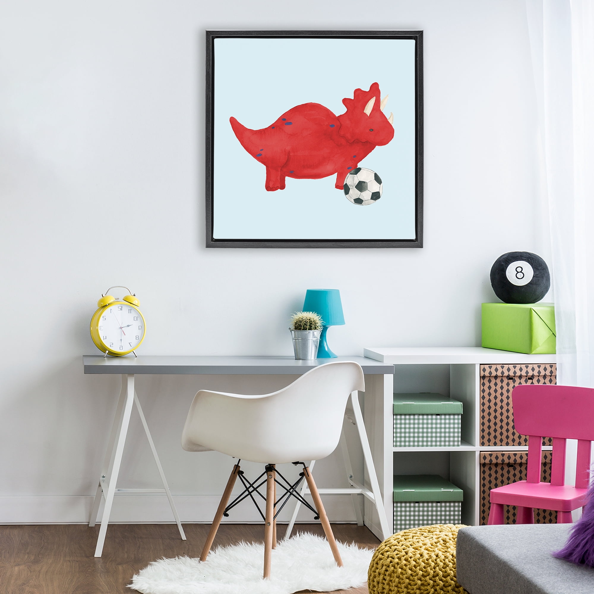Stupell Industries Baby Dino with Ball Black Framed Floater Canvas Wall Art, design by Lucille Price
