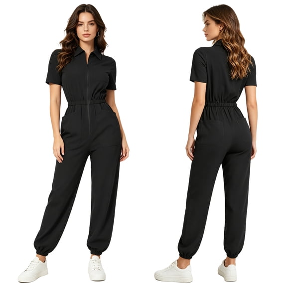 iiniim Women Mechanic Jumpsuit Zipper Front One Piece Scrubs Medical Nursing Uniform One-piece Overalls Black XXL