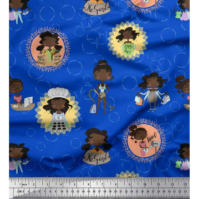 Soimoi Blue Satin Silk Fabric Circle,Cook & Working Girl Printed Fabric 1 Yard 42 Inch Wide