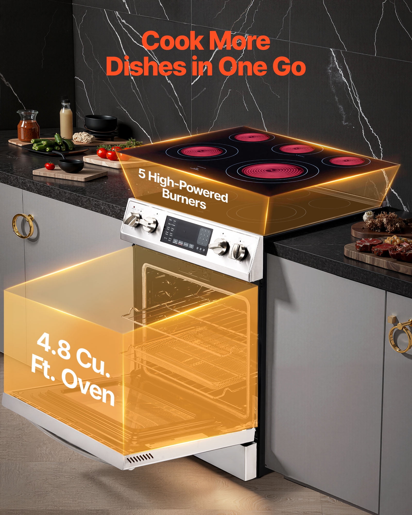 VEVOR 30 in Electric Range Oven, 4.8 Cu. Ft. Capacity Compact Freestanding Oven, Stainless Steel Kitchen Stove, with 5 Burners, Timer, Self-Cleaning, Easy Reach Racks, Storage Drawer(No Power Cord)