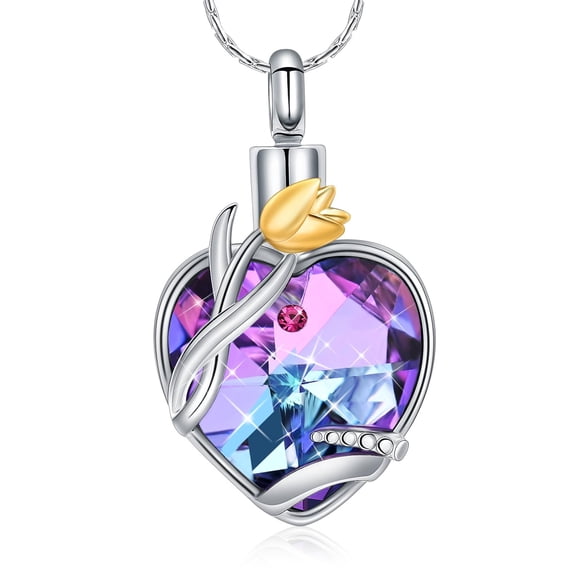 Women's Crystal Heart with Rose Necklace Urns for Cremation Ashes Holder Memorial Jewelry