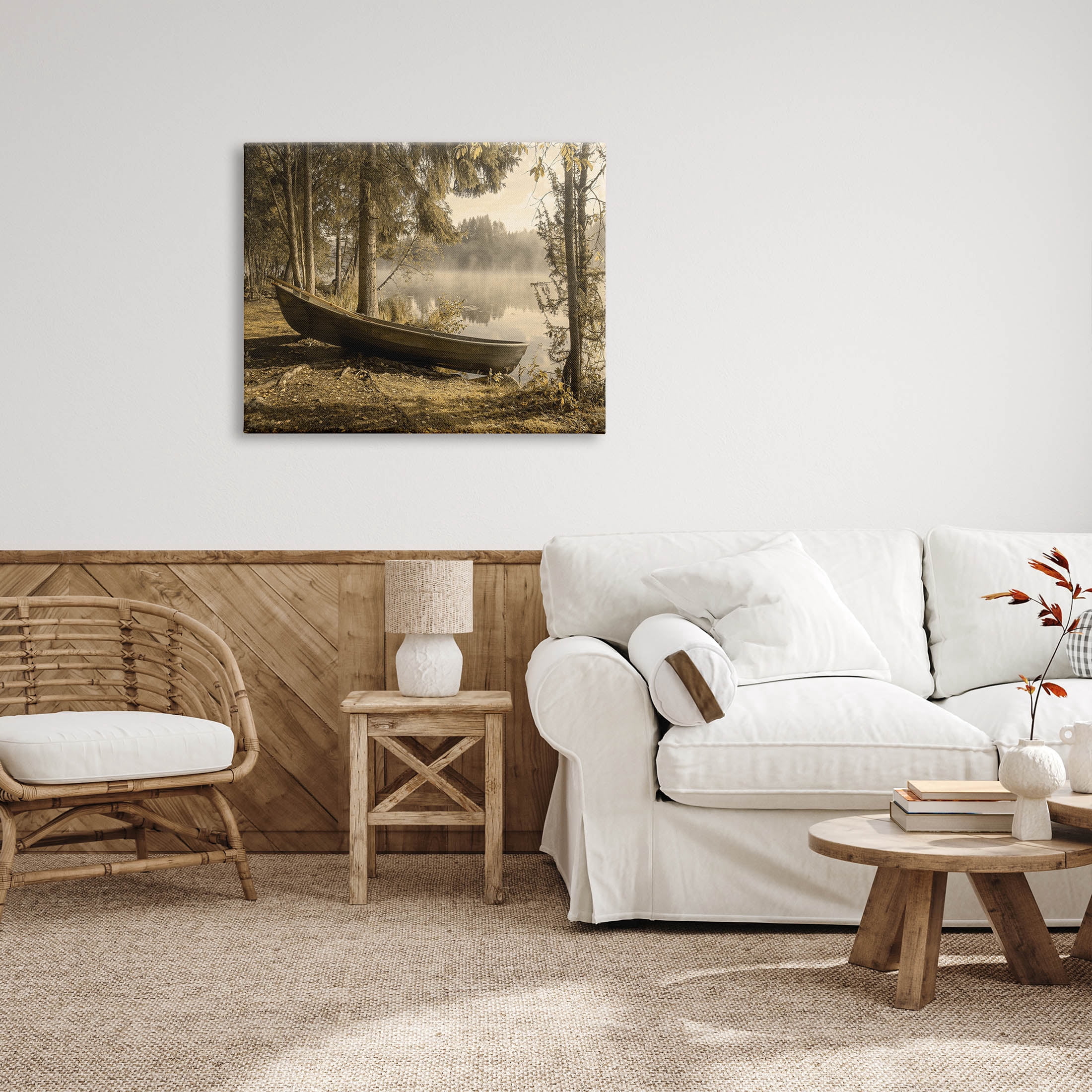 Lakeside Canoe Forest Wilderness Landscape Photograph Gallery Wrapped Canvas Print Wall Art