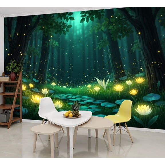 Wallpaper Forest Glowing Fireflies Lotus Flowers Peel and Stick Wall Murals 69"H x 96"W Removable PVC Wall Paper Self-Adhesive Wall Paintings Art Decor for Bedroom Living Room